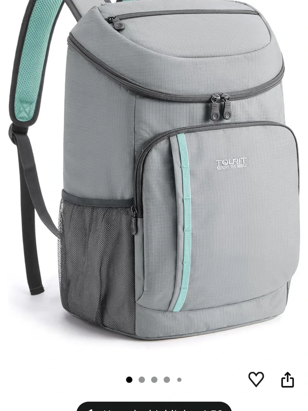 Tourit backpack cooler bag light grey 30 can capacity insulated soft sided NWT